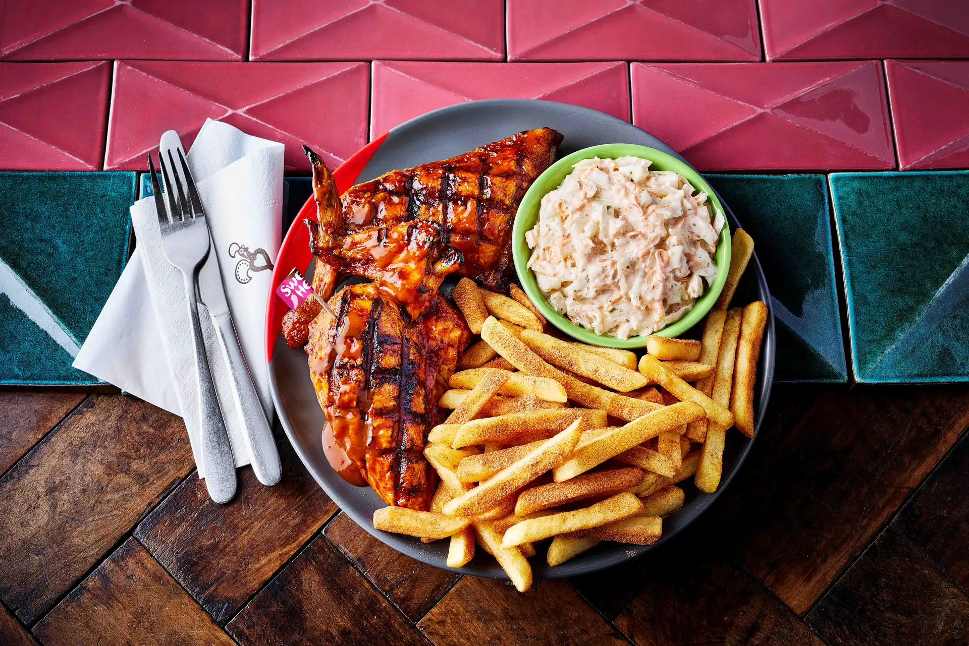 Sweet Heat Baste on 1/2 Grilled Chicken, PERi Chips and Colesaw