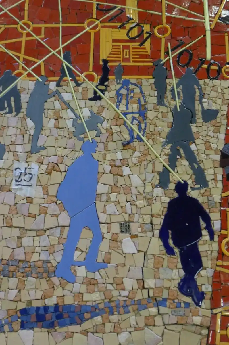 Mosaic artwork depicting silhouetted figures, numbers, and abstract lines on a textured background with shades of blue, red, and beige.