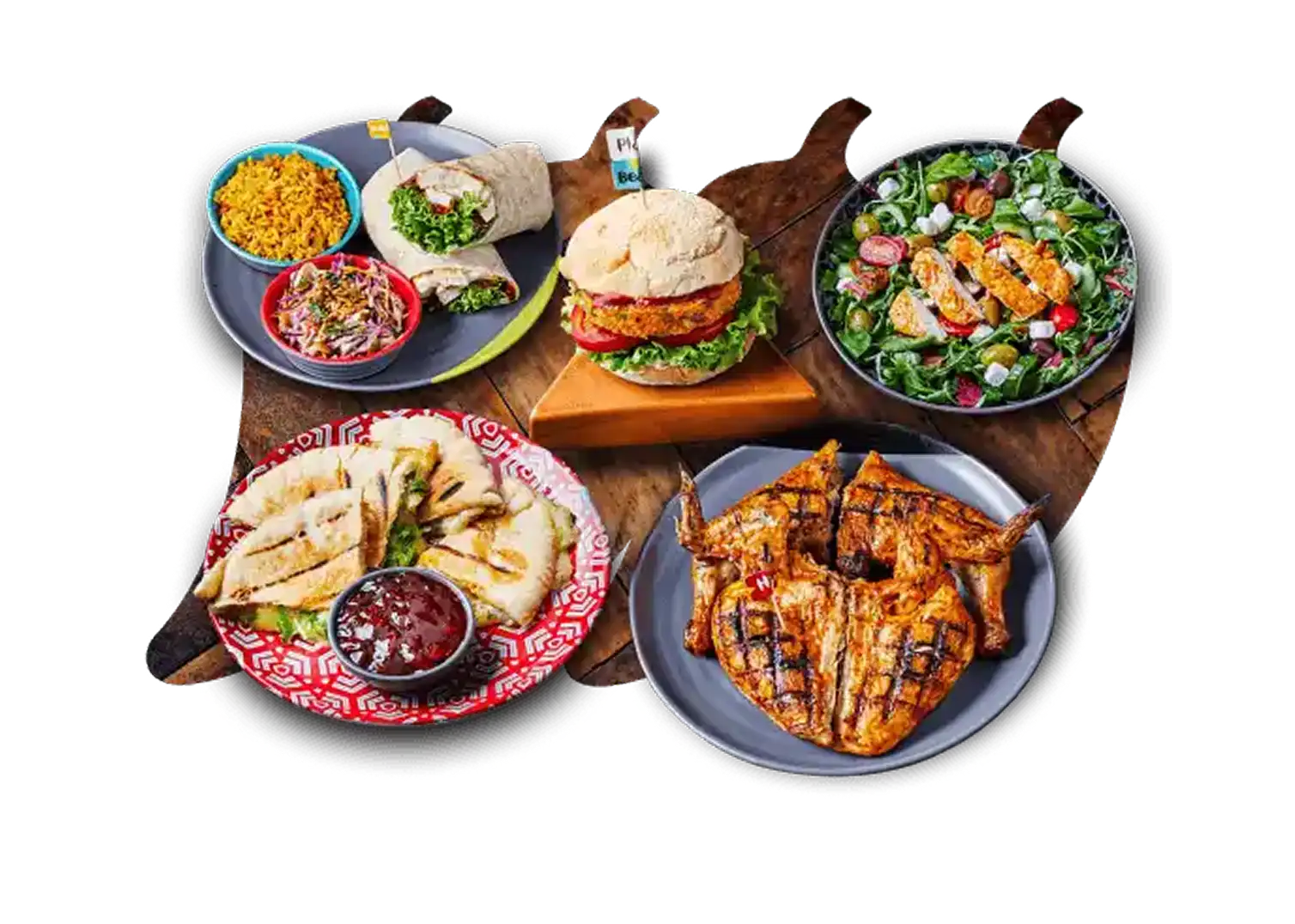 A variety of Nando's dishes including a flame-grilled chicken, wraps, salad, burger, and rice, all showcasing vibrant, flavorful presentations.