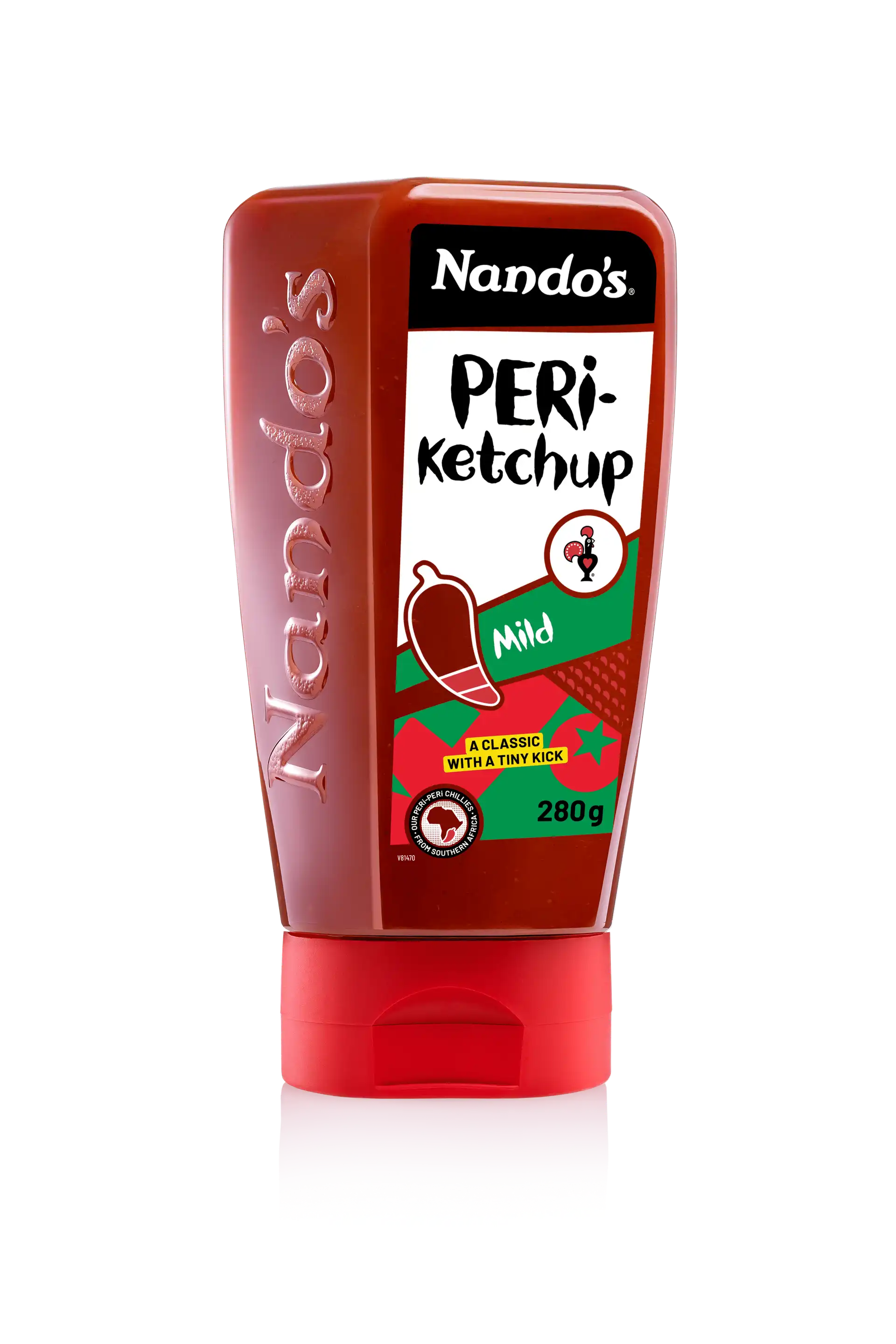 Nando's Peri-Ketchup bottle labeled "Mild," featuring a chili graphic and 280g weight, on a white background.