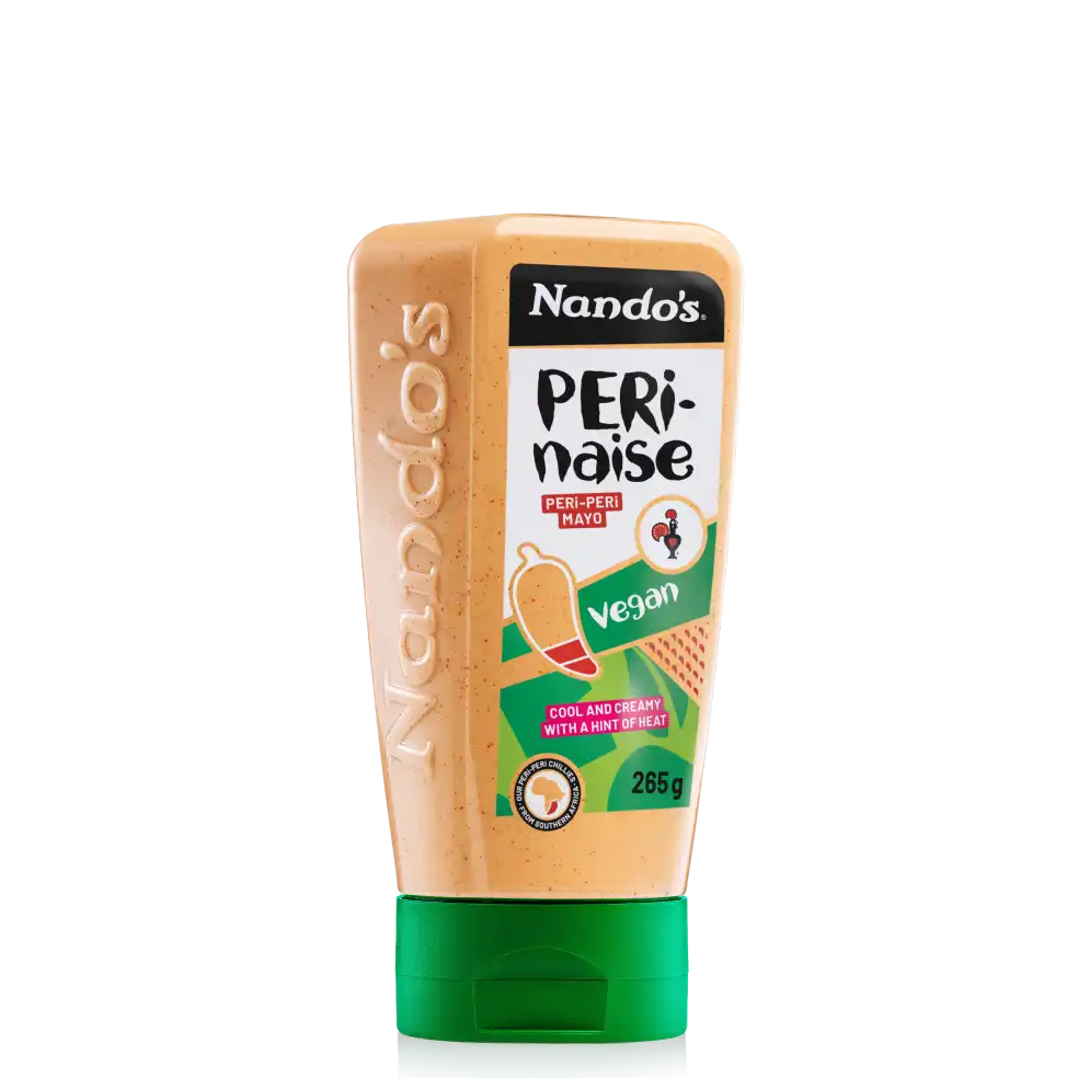 Nando's PERinaise vegan mayo bottle, 265g, with PERi-PERi flavor and hint of chili.