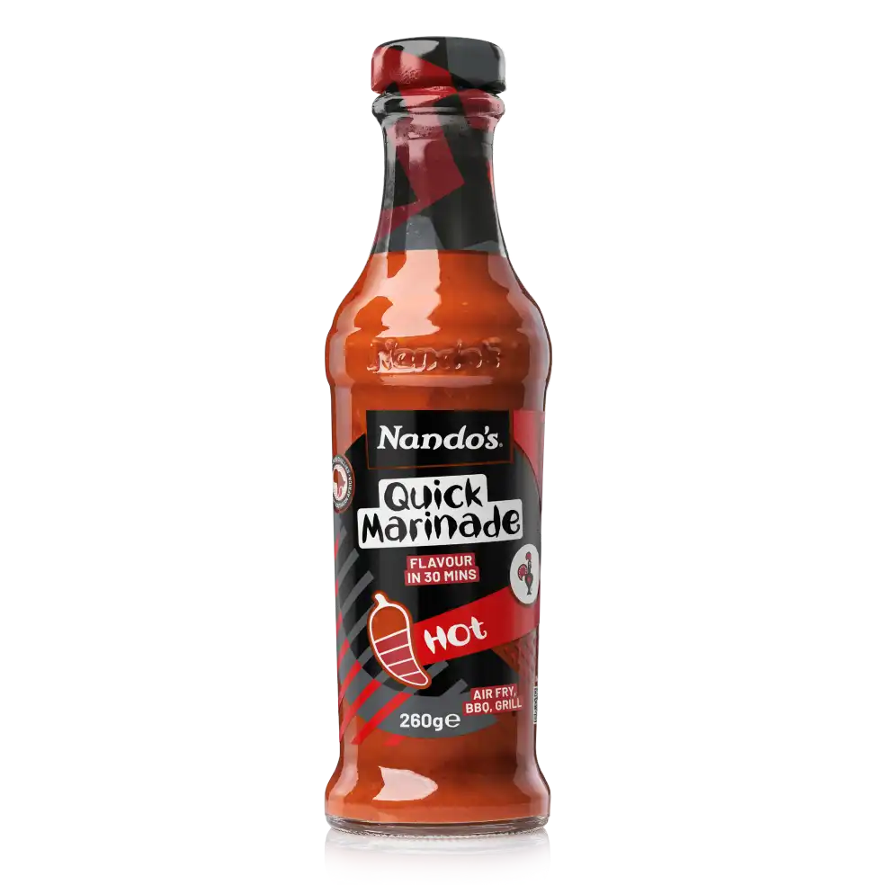 Nando's Quick Marinade bottle, hot flavor, 260g. Red and black label with flame design.